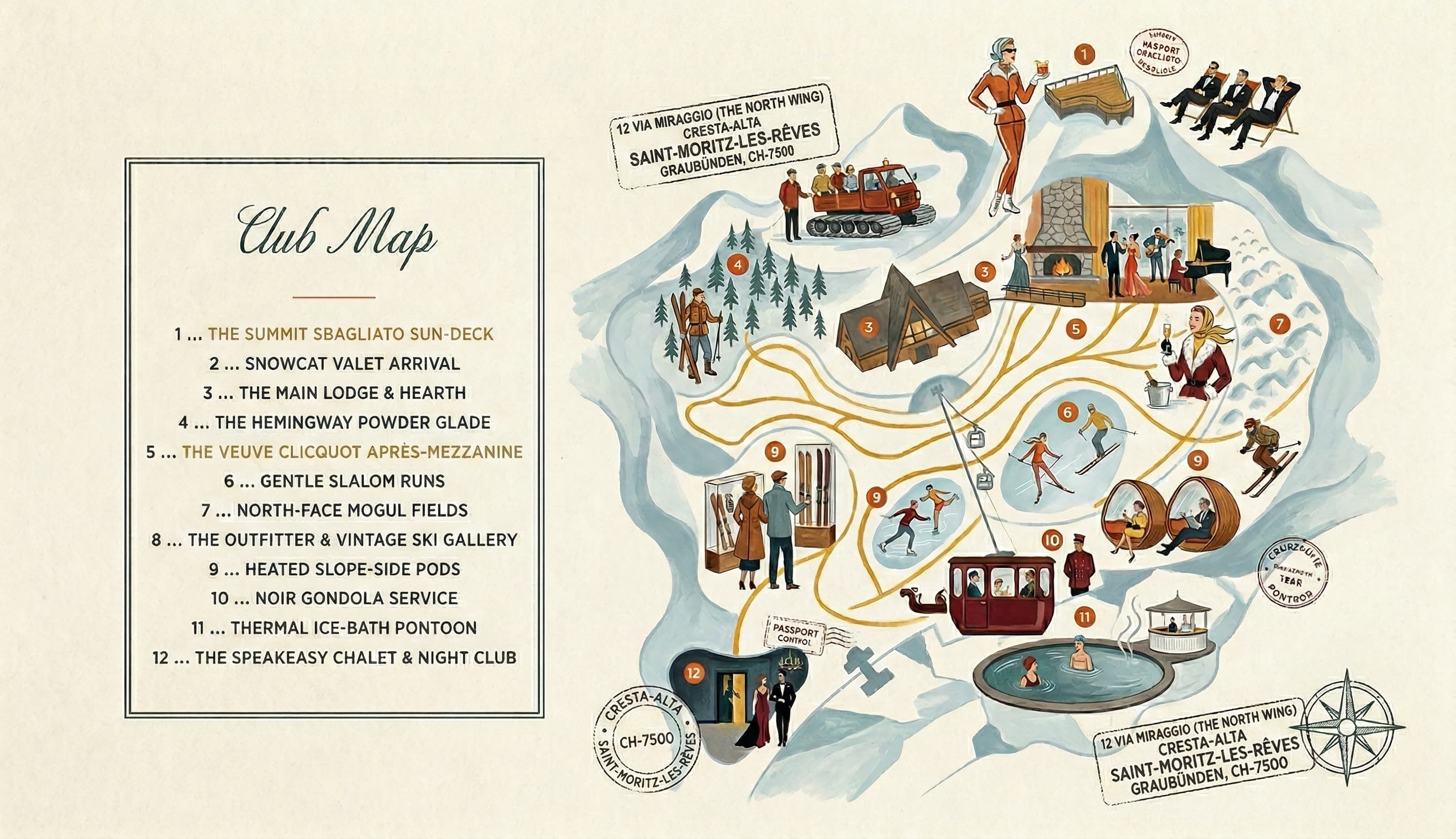 Chalant Society Club Map — illustrated map showing all 12 locations