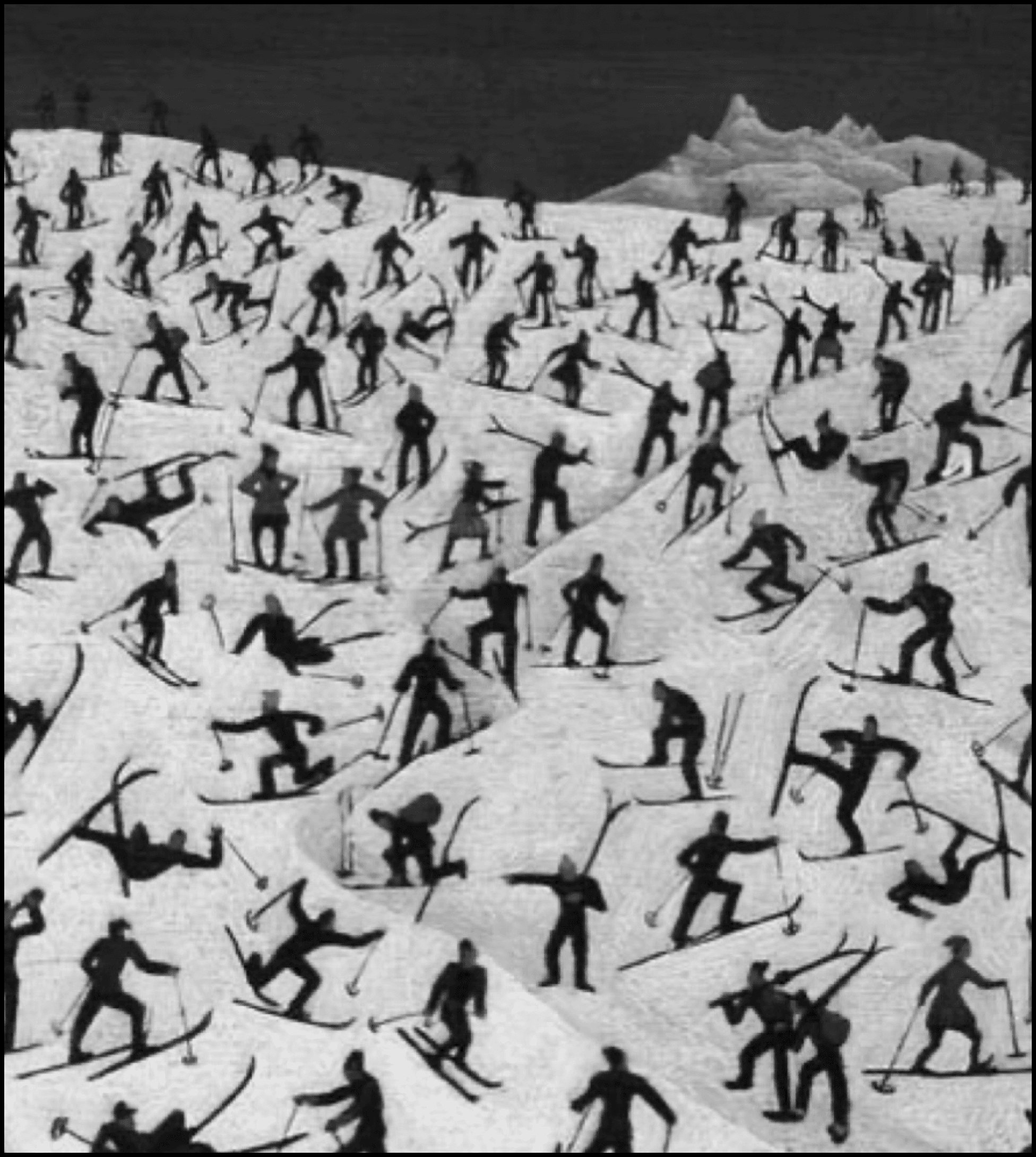 Mass of skiers on slope