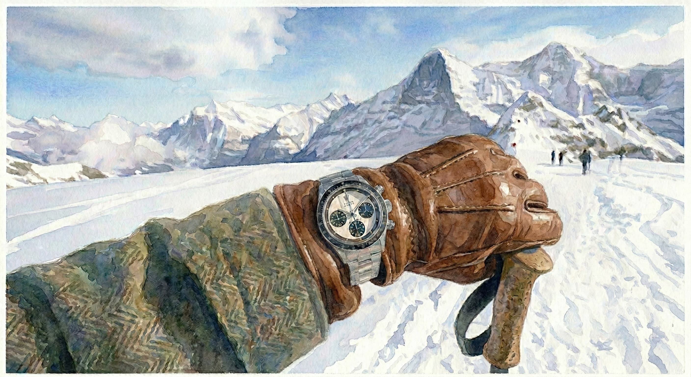 Luxury watch on a leather glove with snowy alpine mountains in the background